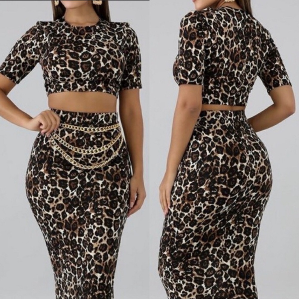 Lepoard Crop Top & High Waist Midi Skirt Set